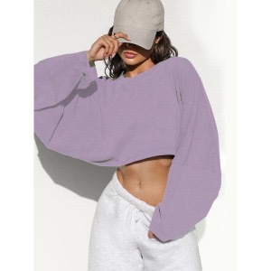 Women's Cropped Crewneck Sweatshirt Knit Long Sleeve Top