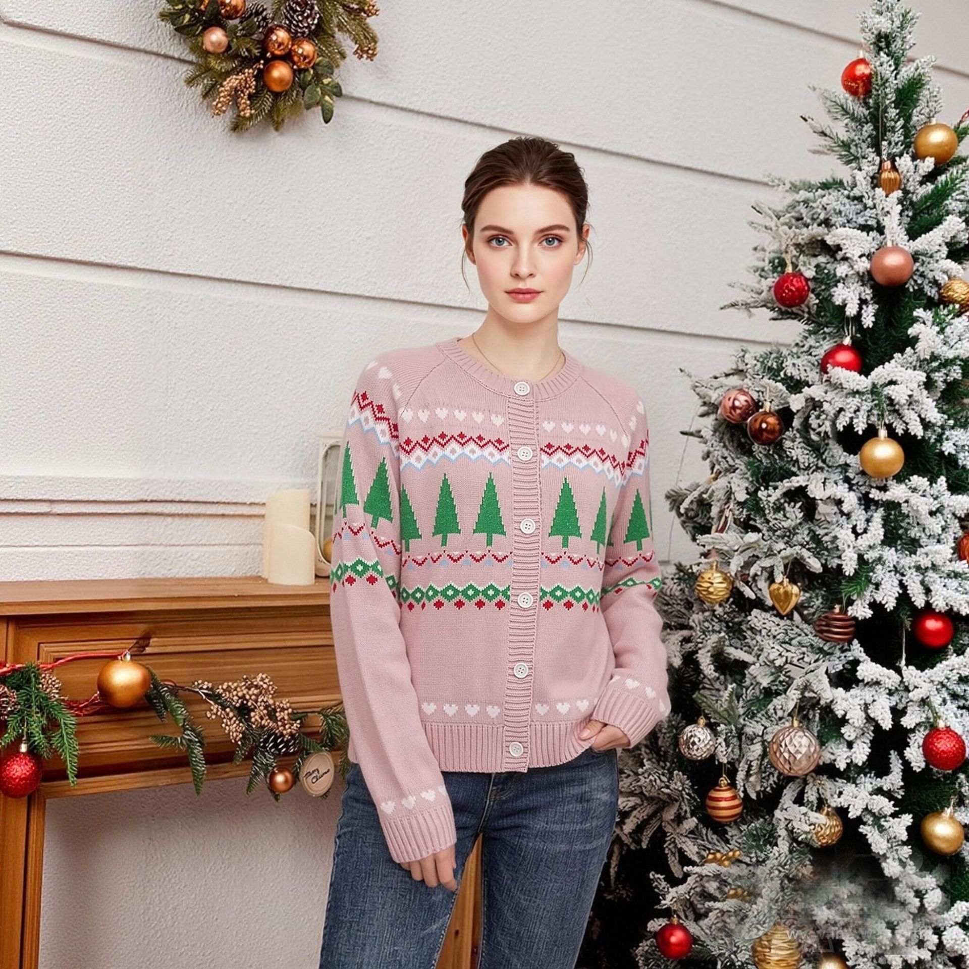 Women's Pink Christmas Tree Jacquard Knit Cardigan Long Sleeve