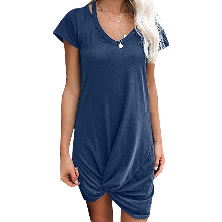Women's V-Neck Short Sleeve Knotted T-Shirt Dress Solid Color Asymmetrical Hem