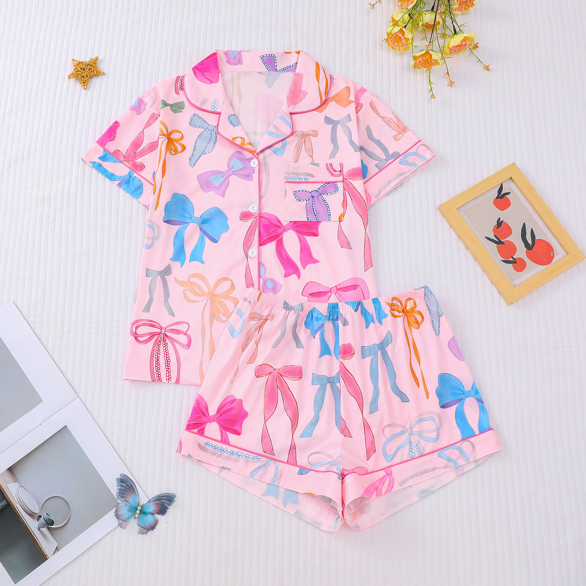 Women's Cuban Collar Bow Print Shirt Set Summer Casual
