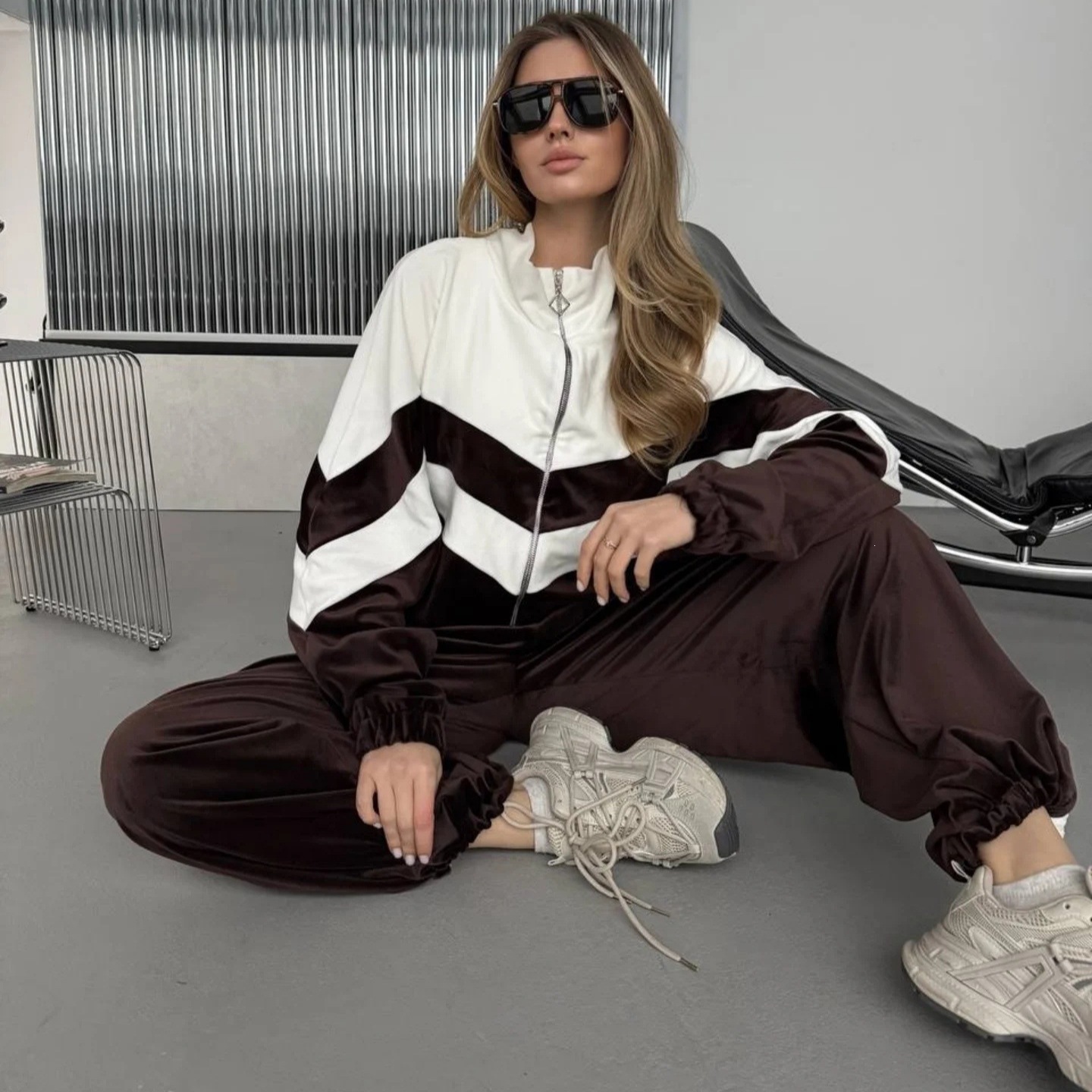 Women's Colorblock Zip Cardigan & Wide-Leg Pants Set