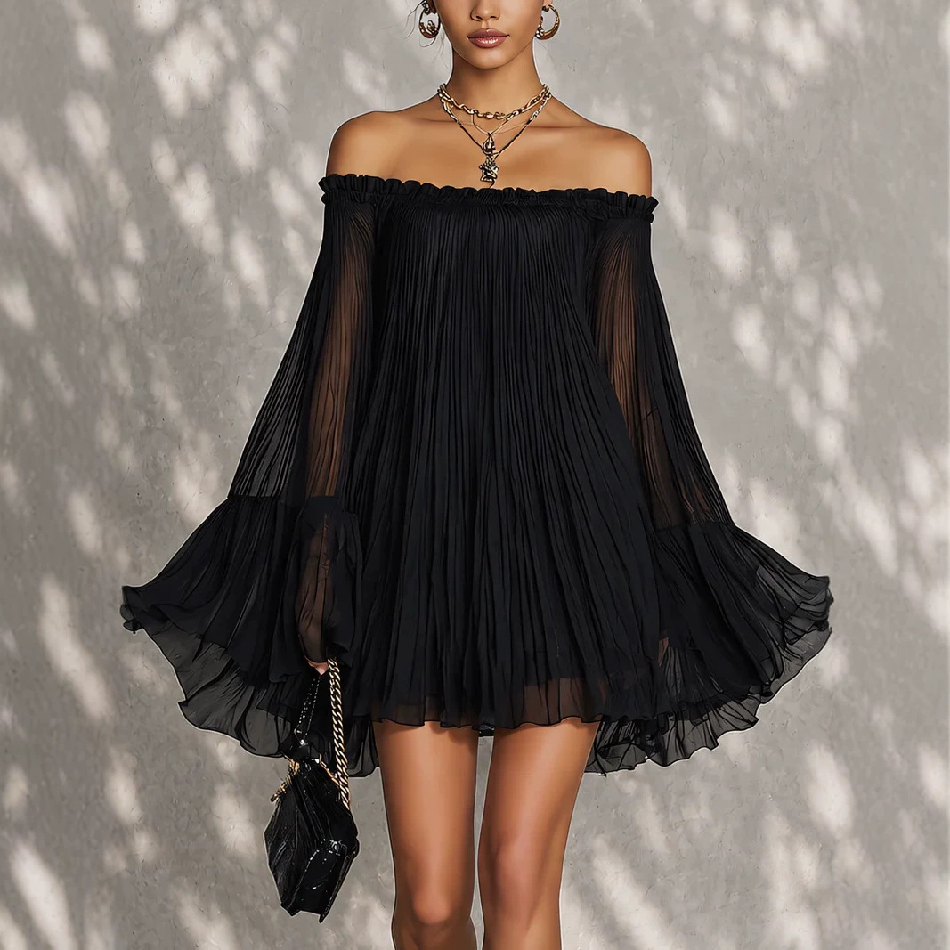 Off-Shoulder Pleated Dress Women's Flowy Midi Skirt
