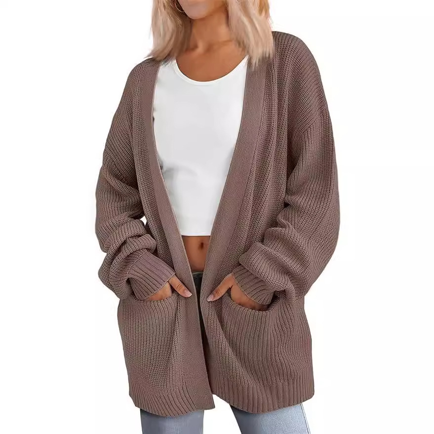 Women's Long Knit Cardigan Loose Cable Knit V-Neck Sweater Coat with Pockets