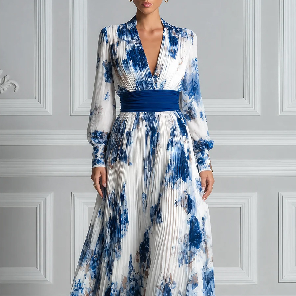 Women's Long Sleeve Floral Print V-Neck Midi Dress