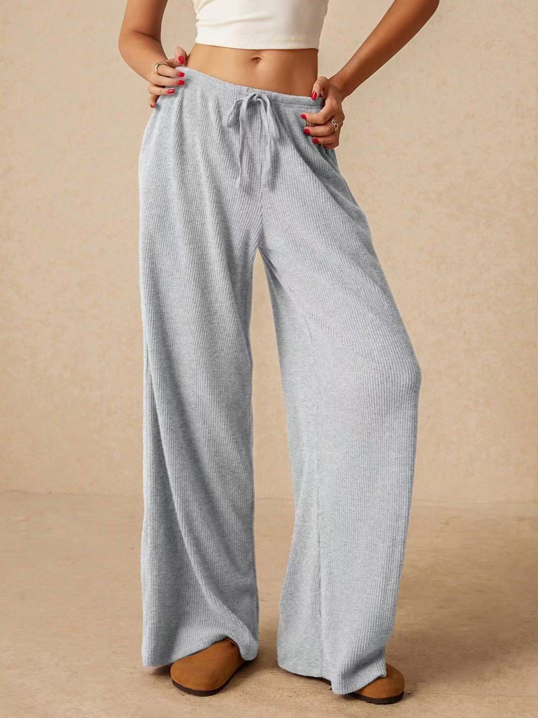 Women's High-Waist Wide-Leg Floor-Length Pants Solid Color Breathable