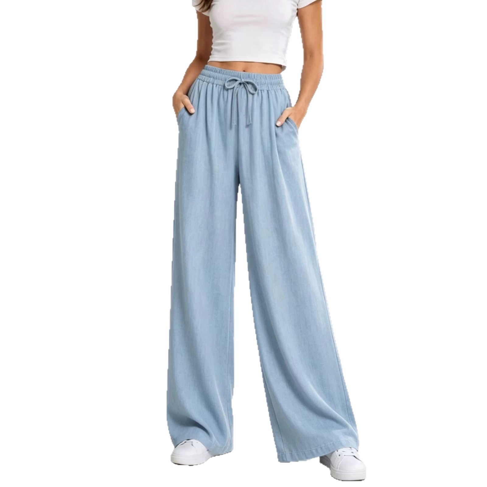 Women's Drawstring Elastic Waist Wide Leg Pants Solid Color Straight Loose Casual