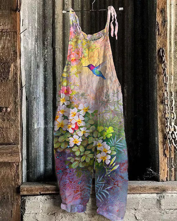 Women's Printed Cotton-Linen Cami Jumpsuit Sleeveless Wide-Leg Beach Romper