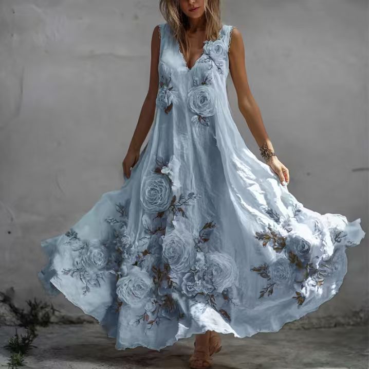 Women's Printed Sleeveless V-Neck Long Dress