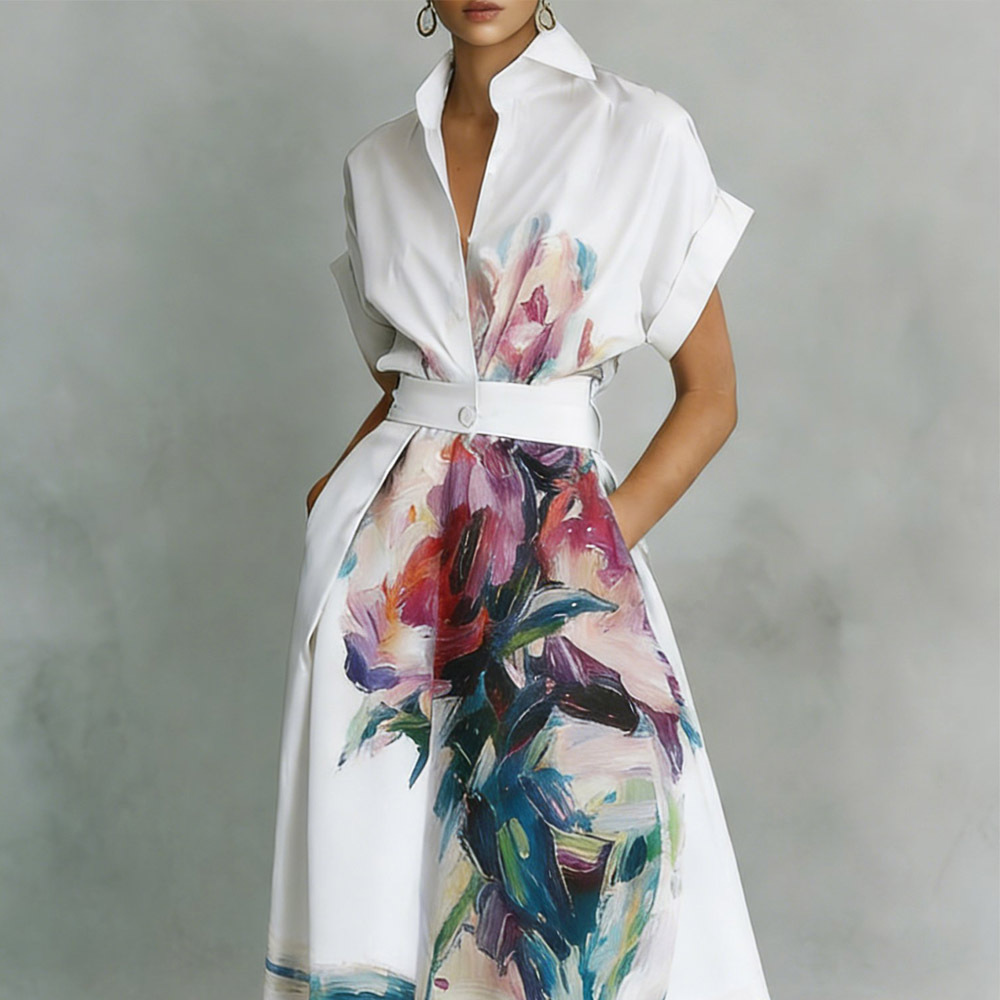 Women's Floral Print Long Shirt Dress Polo Collar A-Line Vacation