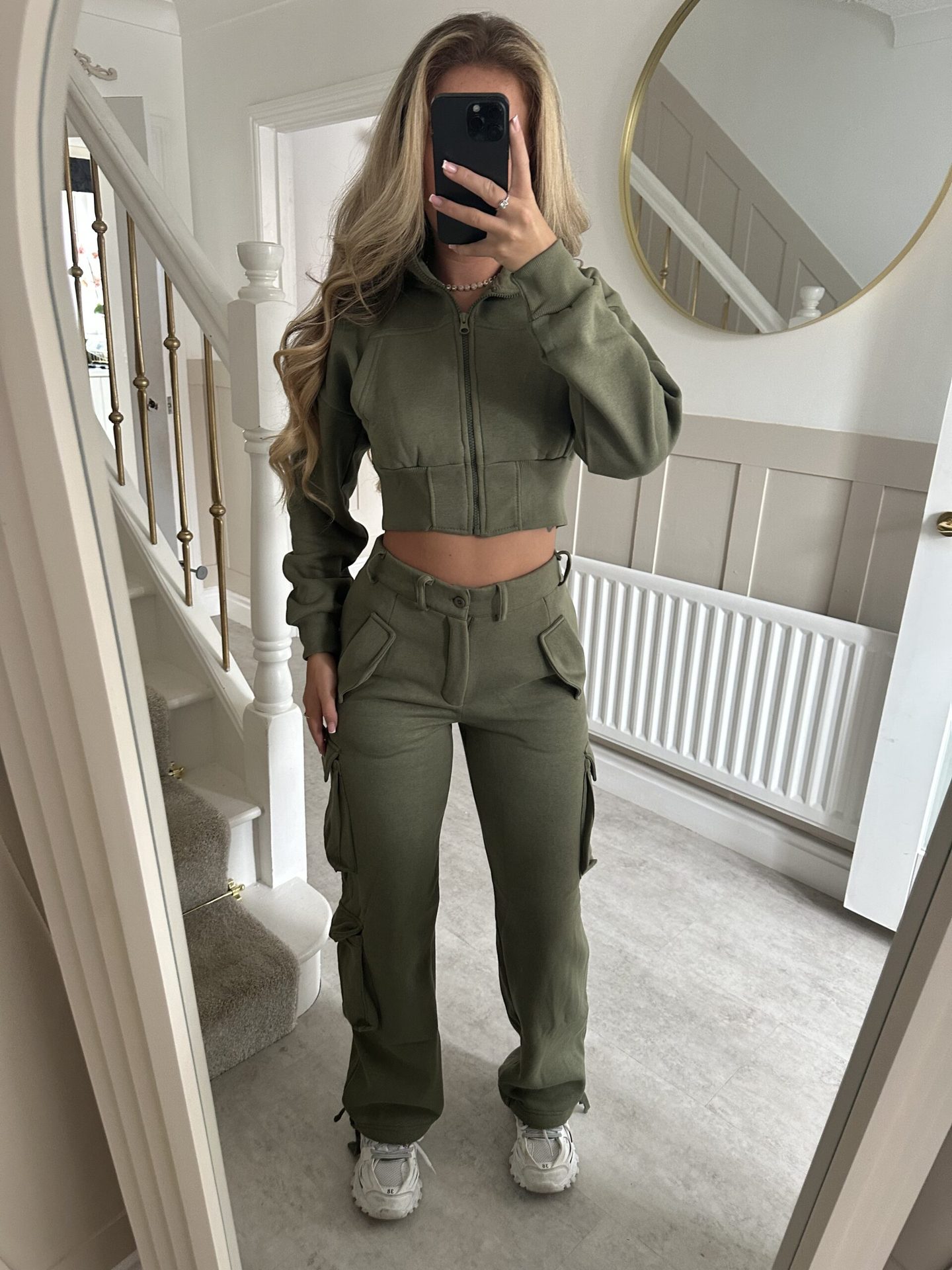 Women's Stand Collar Zip Cardigan & Multi-Pocket Pants Set