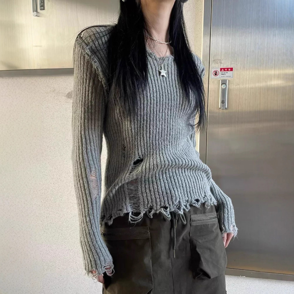V-Neck Hand-Distressed Long-Sleeve Slim Knit Top