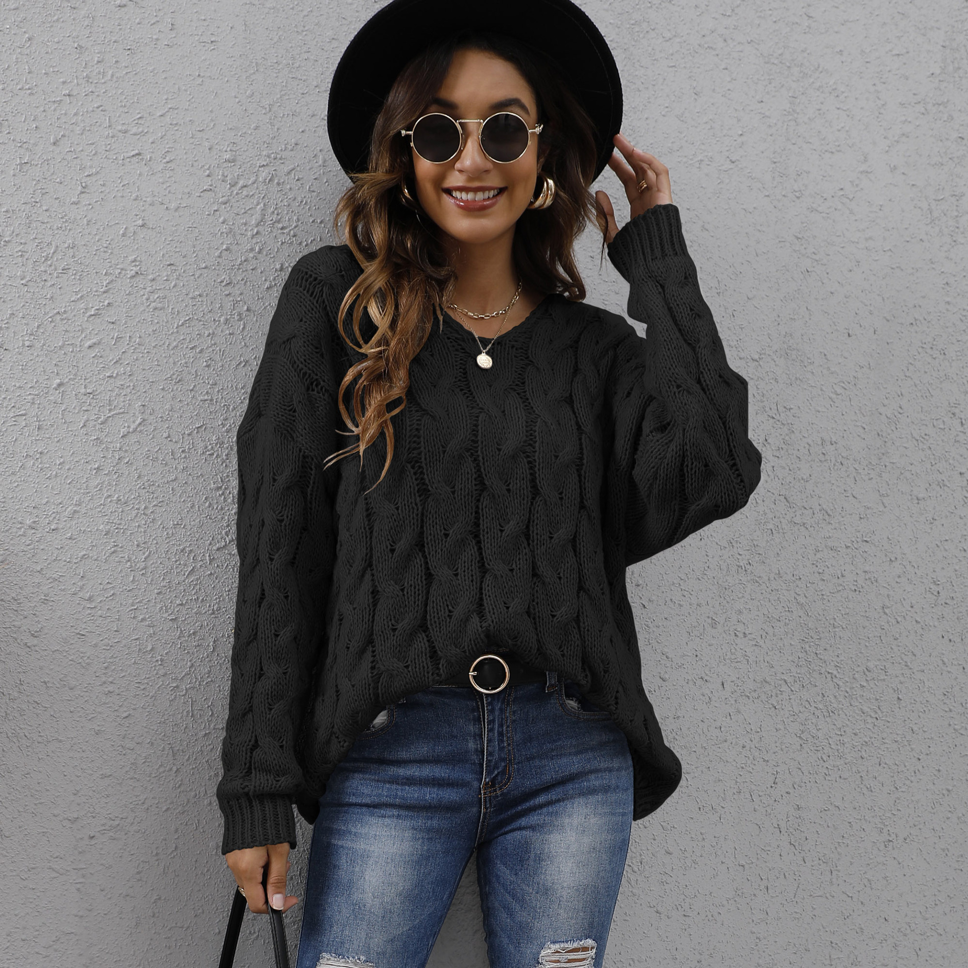 Women's Chunky Cable Knit V-Neck Hooded Pullover Sweater