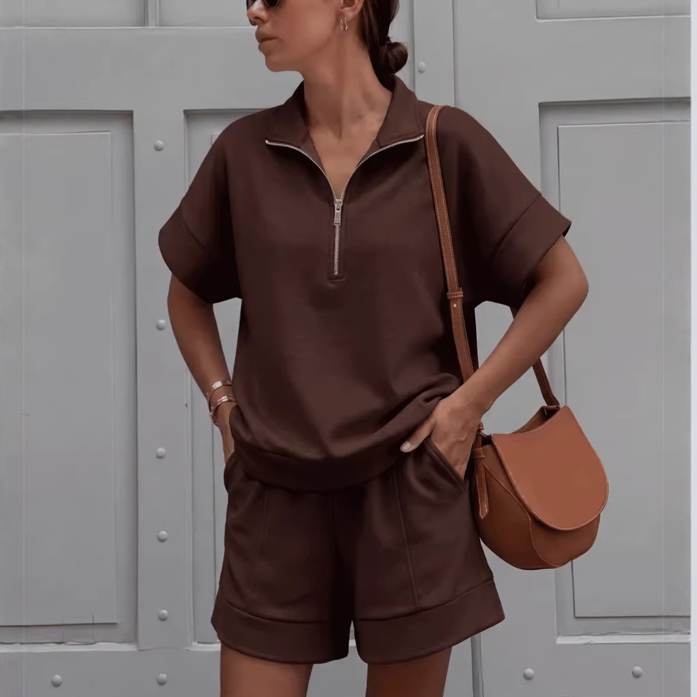 Women's Solid Color Long-Sleeve Top and Shorts Two-Piece Set Casual Streetwear
