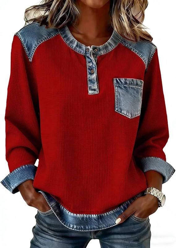 Faux Denim Patchwork Button Pocket Long Sleeve Crewneck Top