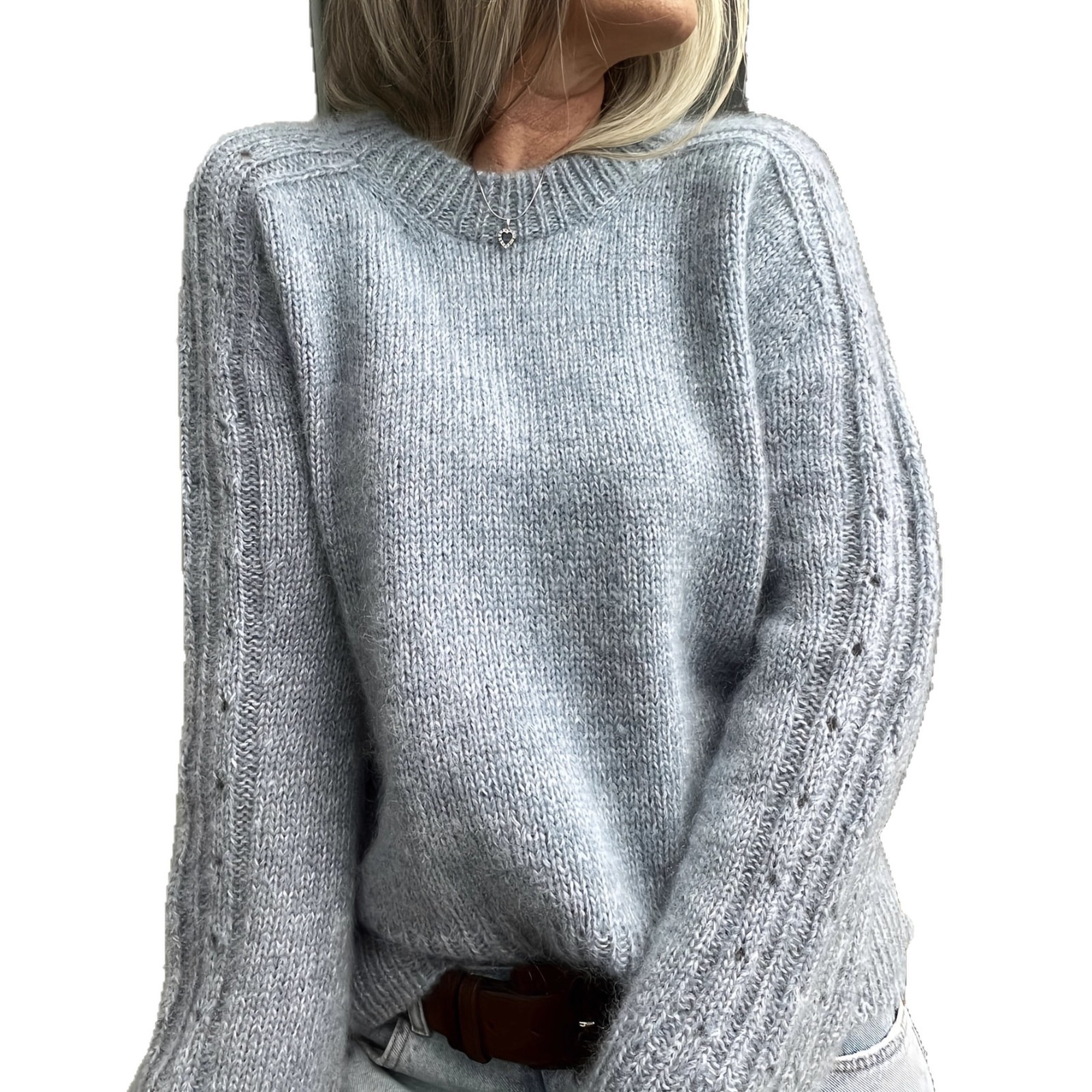 Gray Crewneck Open-Knit Pullover Sweater