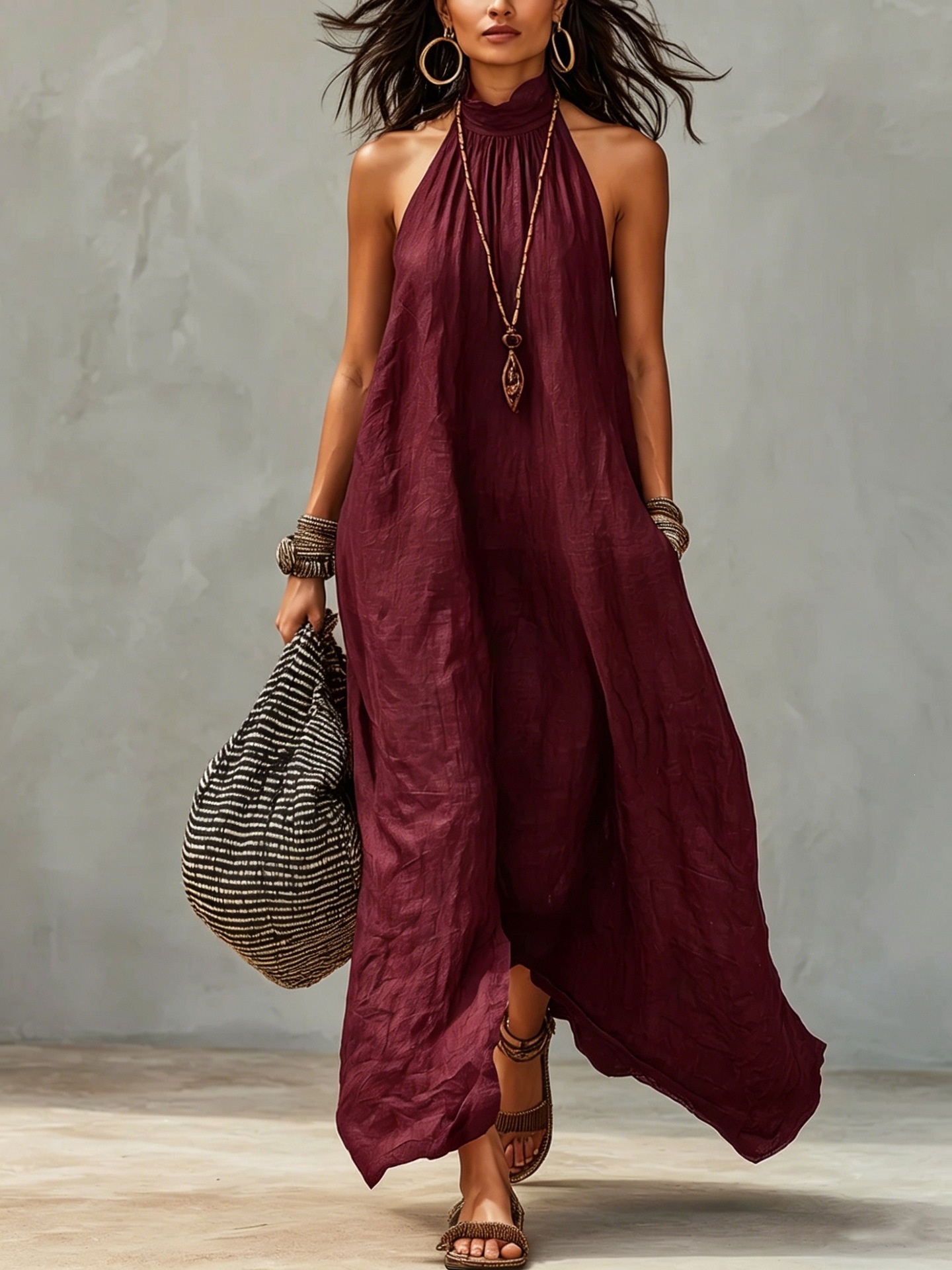 Women's Halter Open-Back Pleated A-Line Maxi Dress