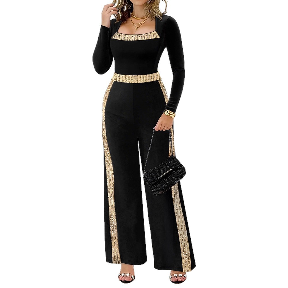 Sequin Trim Jumpsuit Casual Set