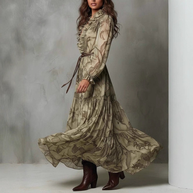 Ruffled V-Neck Chiffon Maxi Dress Desert Python Print