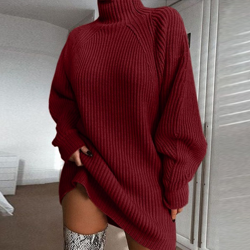 Women's Solid Knit Sweater Dress with Raglan Sleeves and Half Turtleneck, Mid-Length