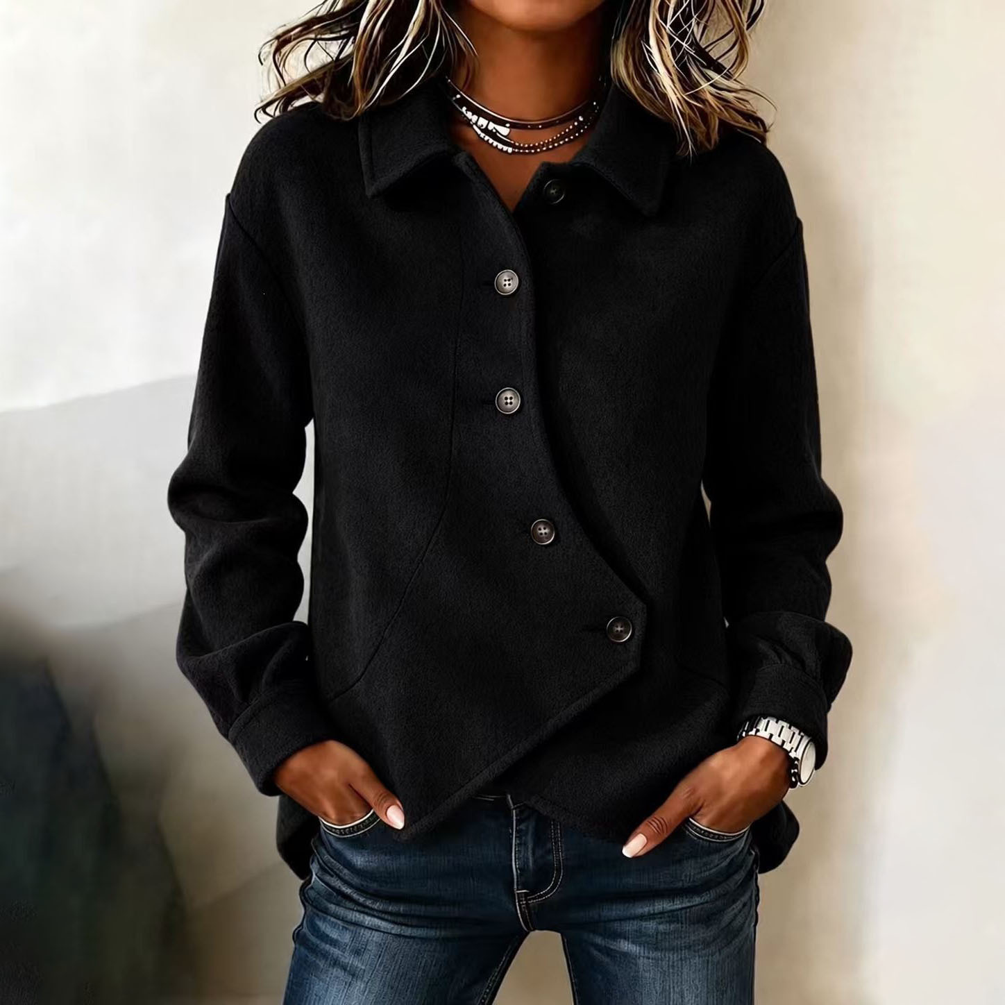 Women's Solid Color Asymmetrical Wool-Blend Coat Casual Loose Fit