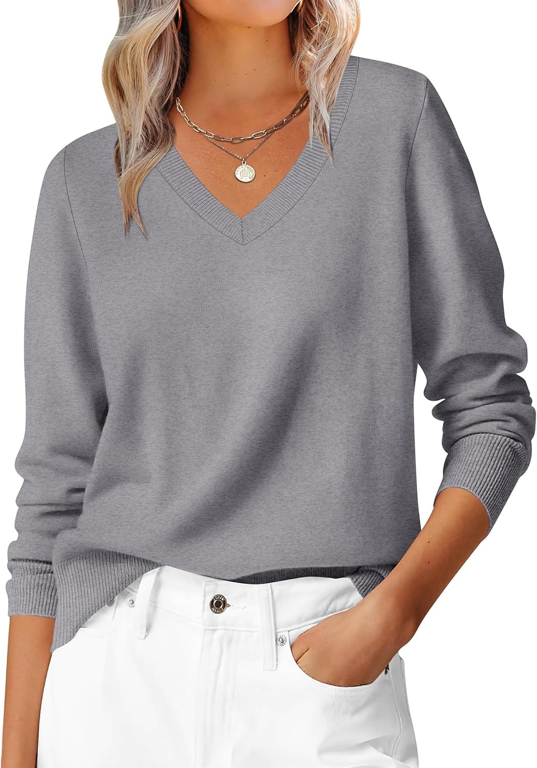 Women's Long Sleeve V-Neck Sweater Soft Loose Pullover Classic Casual