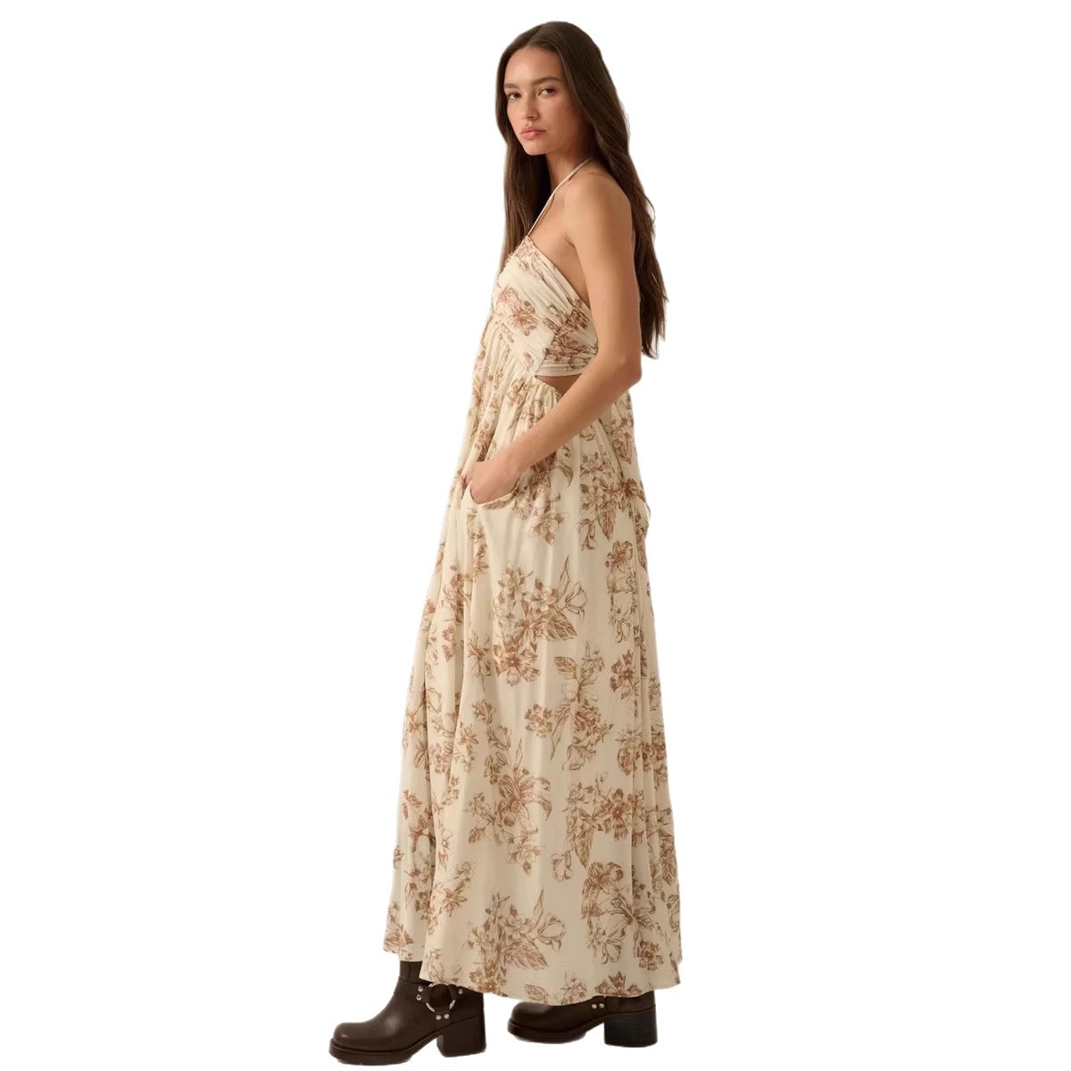 Women's Sleeveless Halter Open-Back Digital Print Slit Long Dress