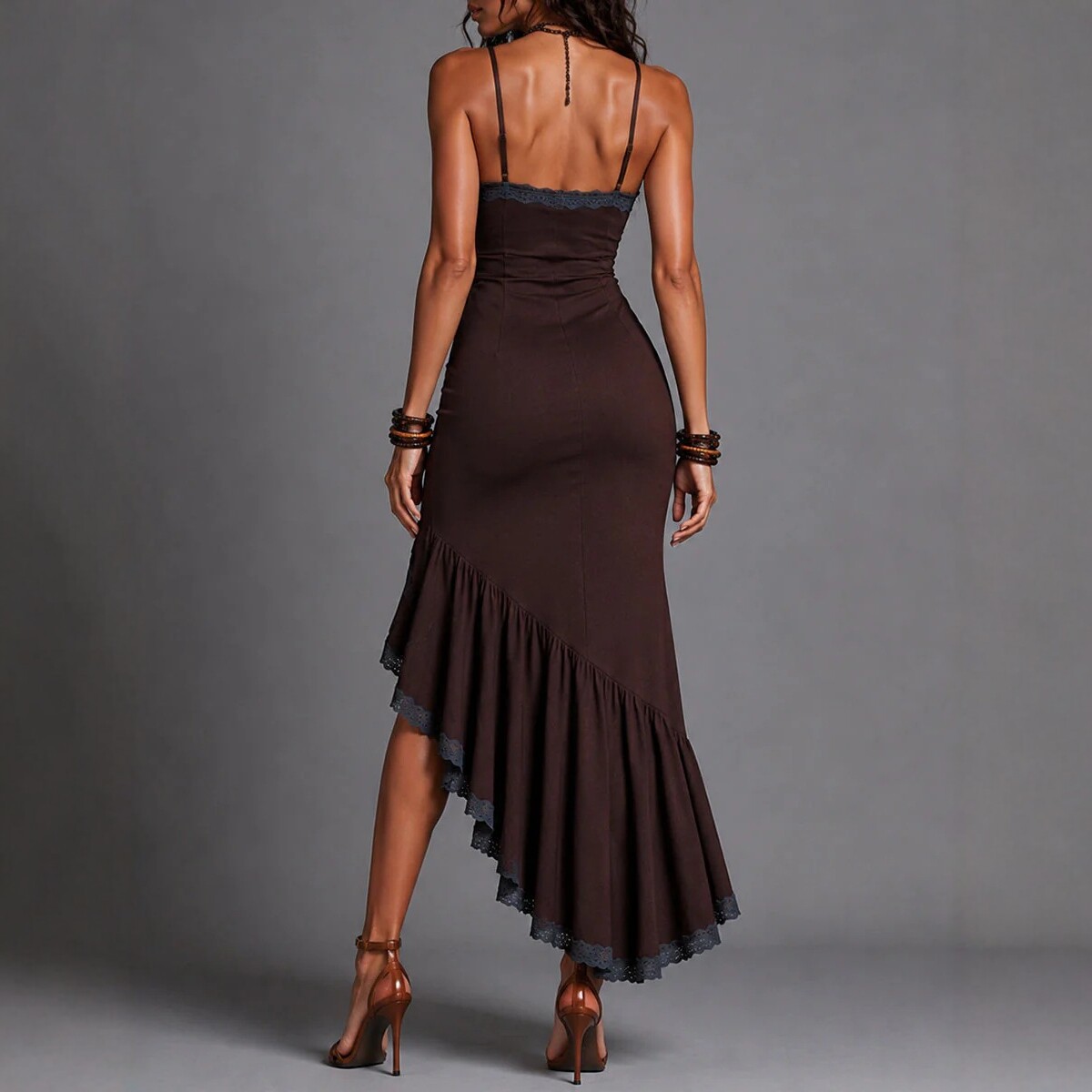 Retro Lace Trim Cami Dress with Front Tie and High Slit Mermaid Hem