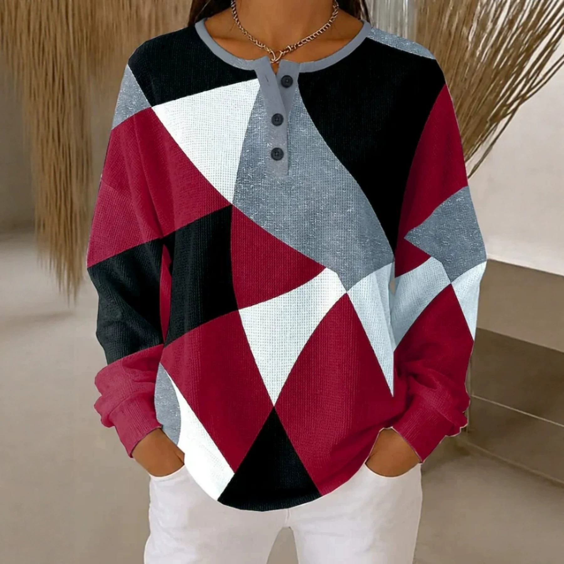 Plaid Colorful Print Crewneck Long Sleeve Pullover Sweatshirt