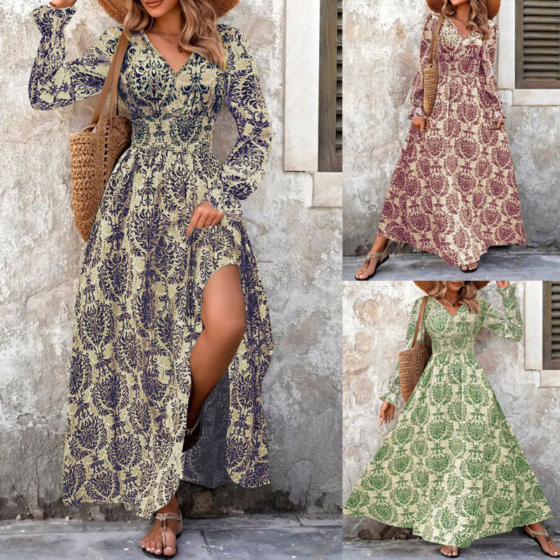 TUME Vintage Floral Print V-Neck Long Sleeve Maxi Dress