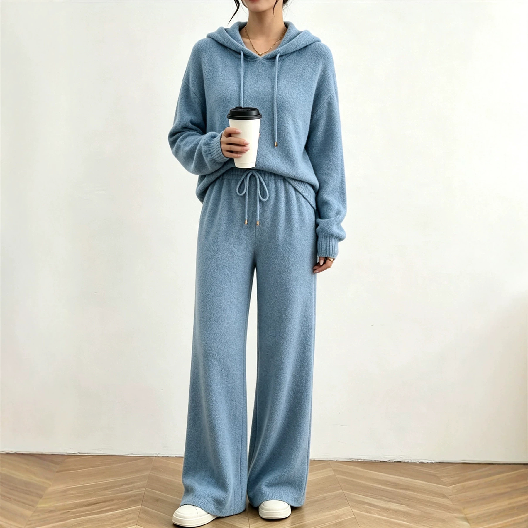 Women's Long Sleeve Knit Two-Piece Set Solid Hooded Top & Wide-Leg Pants