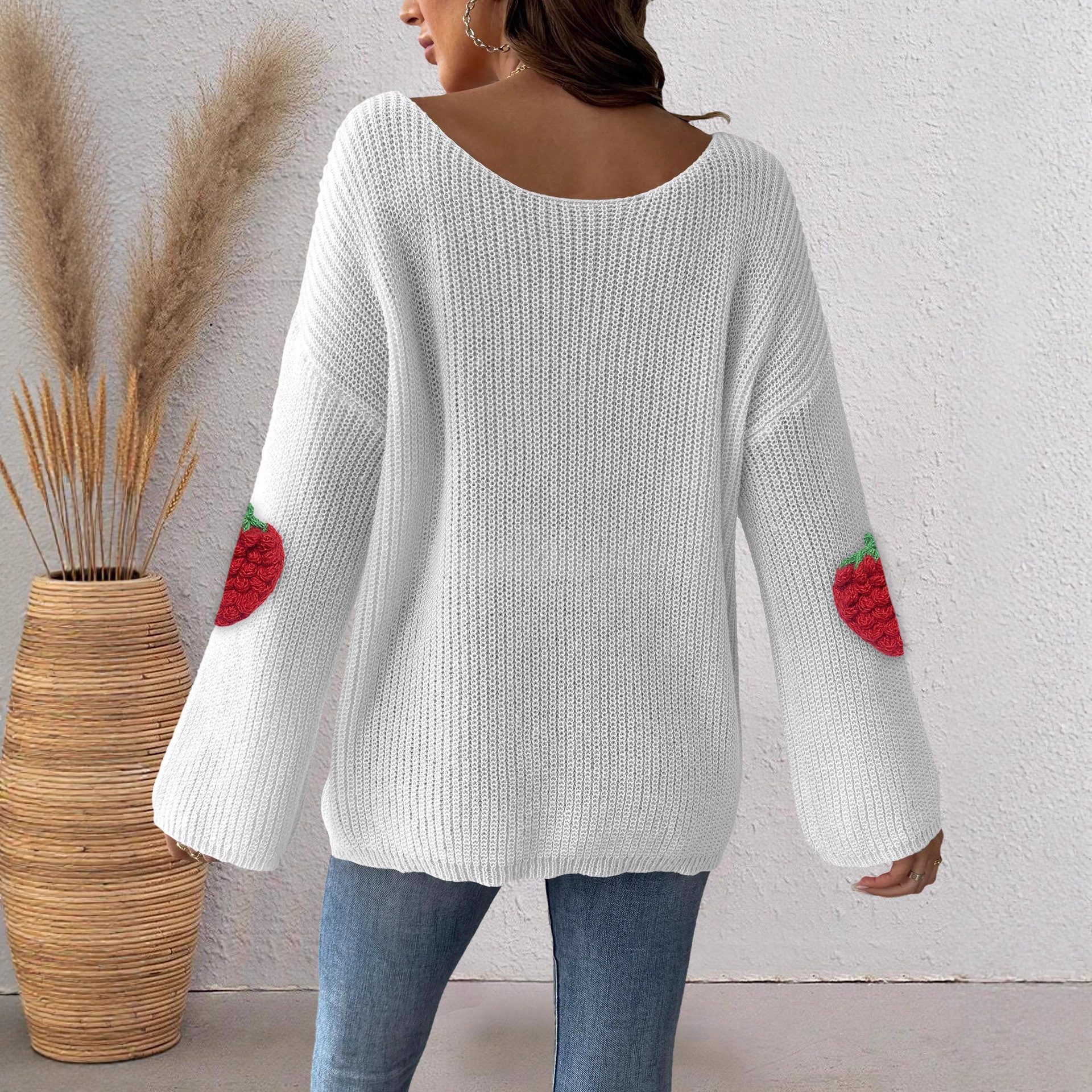 Women's Strawberry Applique Off-Shoulder Bell Sleeve Sweater
