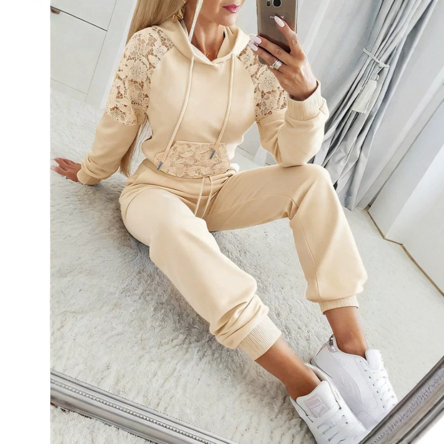 Women's Lace Hollow-Out Hooded Sweatshirt Set