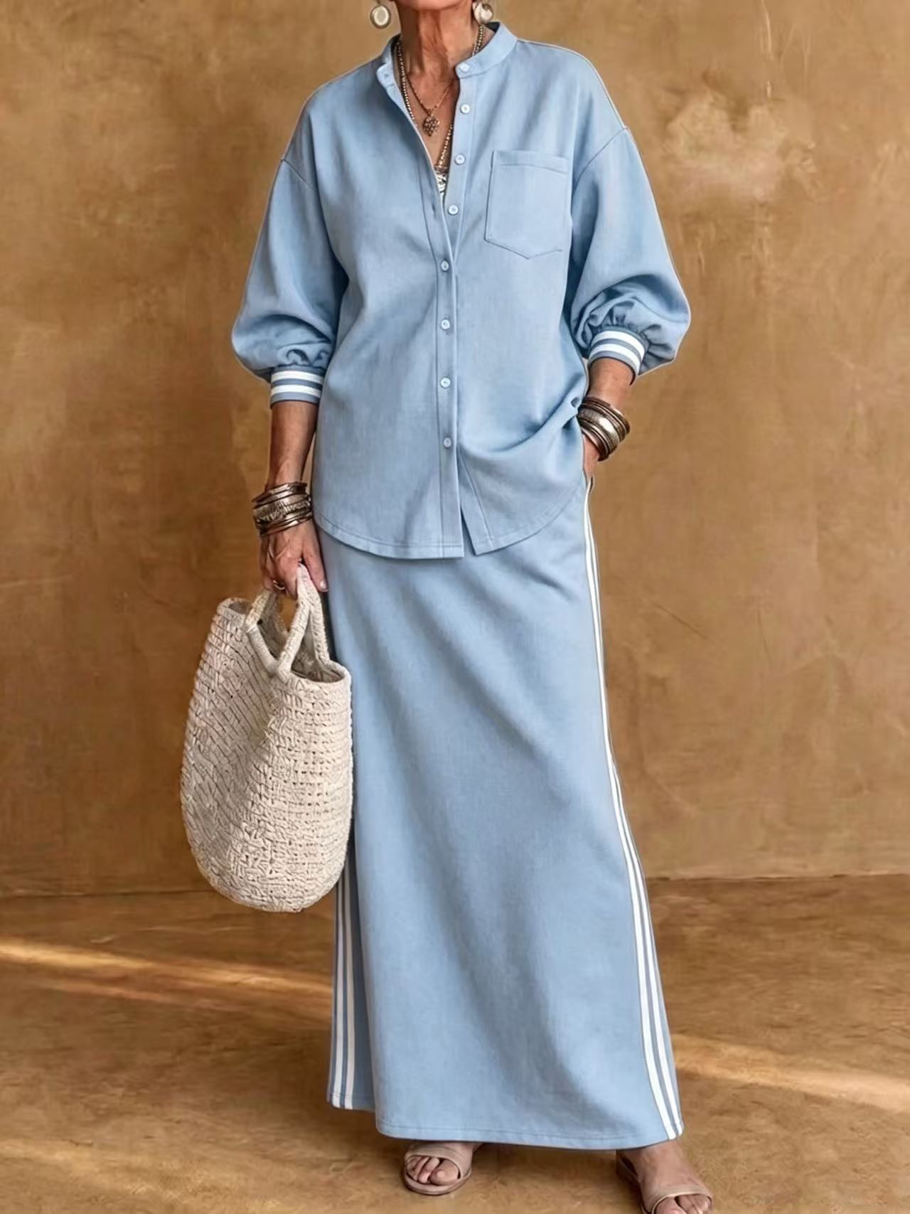 Women's Button-Up Collared Shirt and Striped Midi Skirt Two-Piece Set