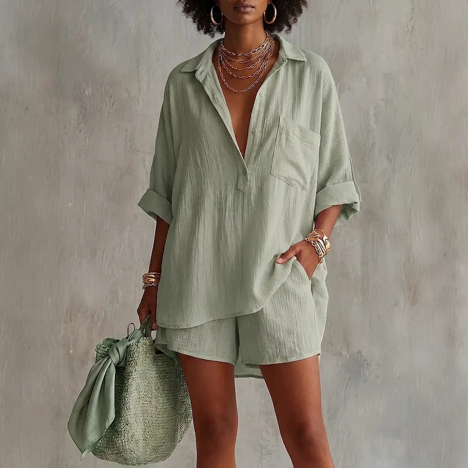 Women's Cotton-Linen Two-Piece Set with Pockets Casual Summer Outfit
