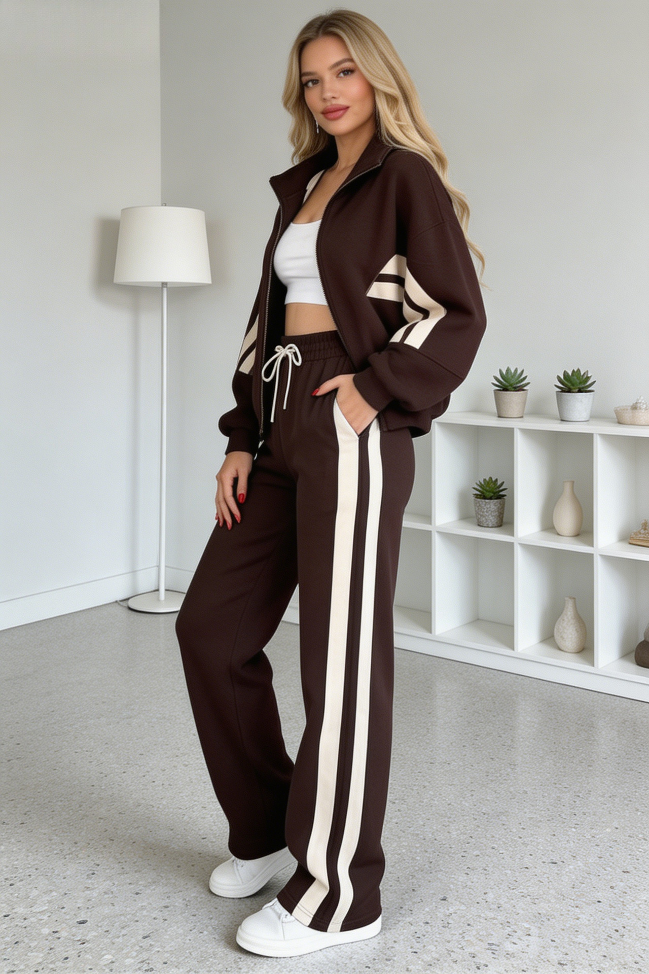 Y2K Striped Zip-Up Top & Pants Casual Tracksuit Set
