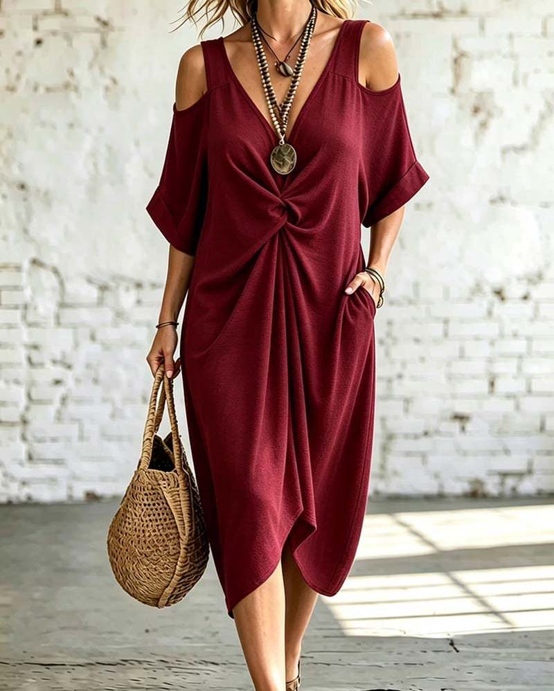 Off-Shoulder Short Sleeve V-Neck Loose Plus Size Pleated Dress
