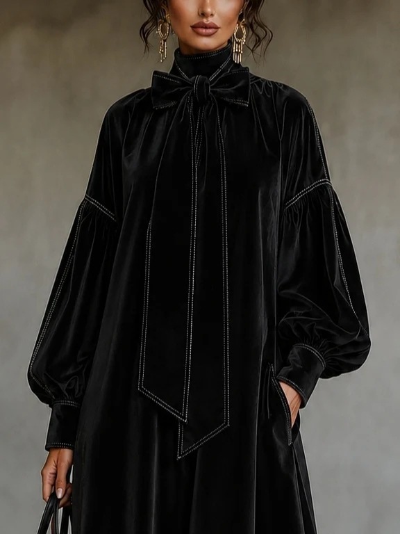 Black Velvet Bow Lantern Sleeve Loose A-Line Midi Dress