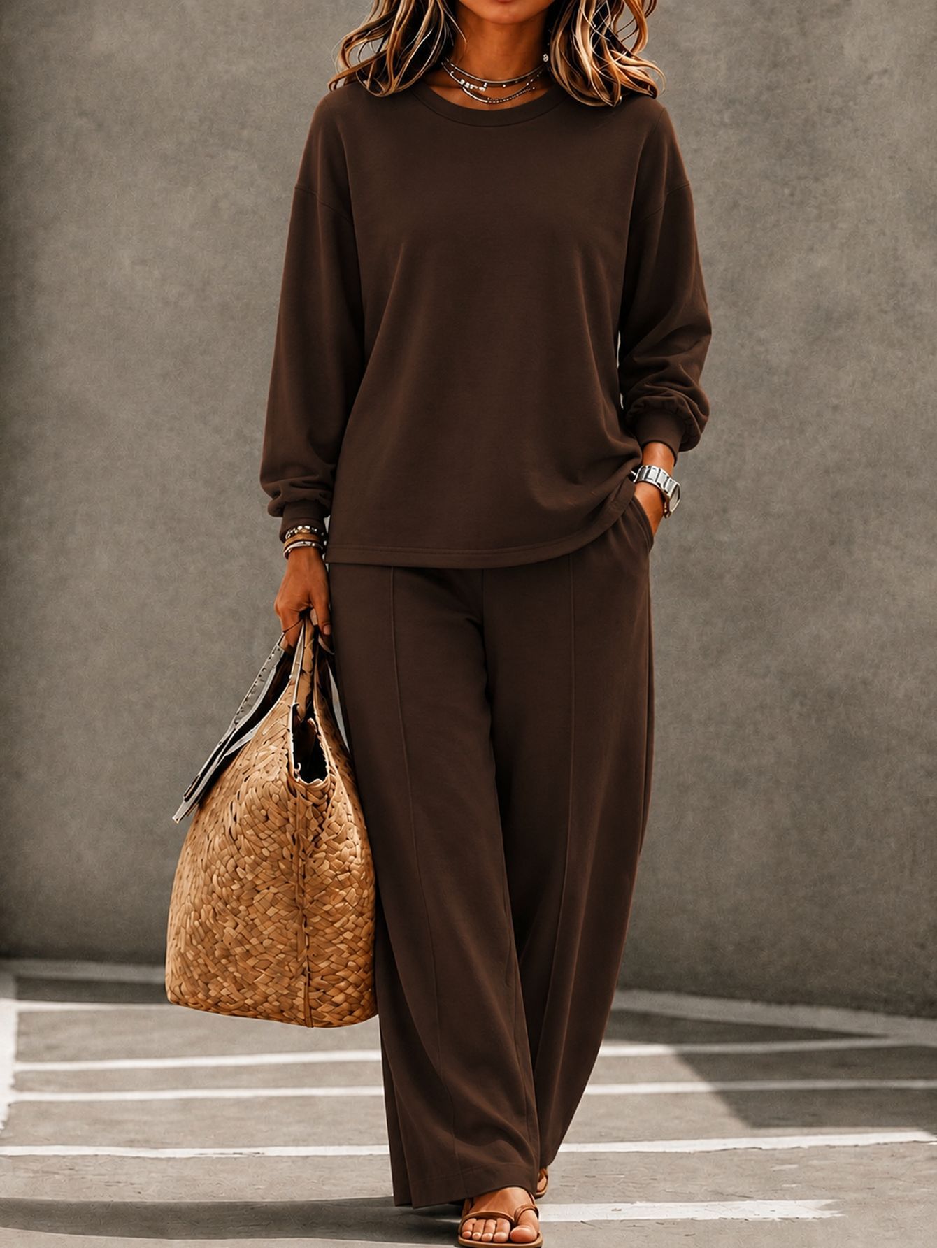 Women's Knit Crewneck Long-Sleeve Top & Wide-Leg Pants Set