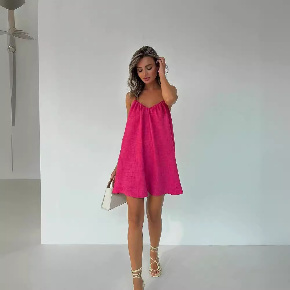 Women's Sleeveless Backless A-Line Mini Dress V-Neck High Waist Solid Beach Dress