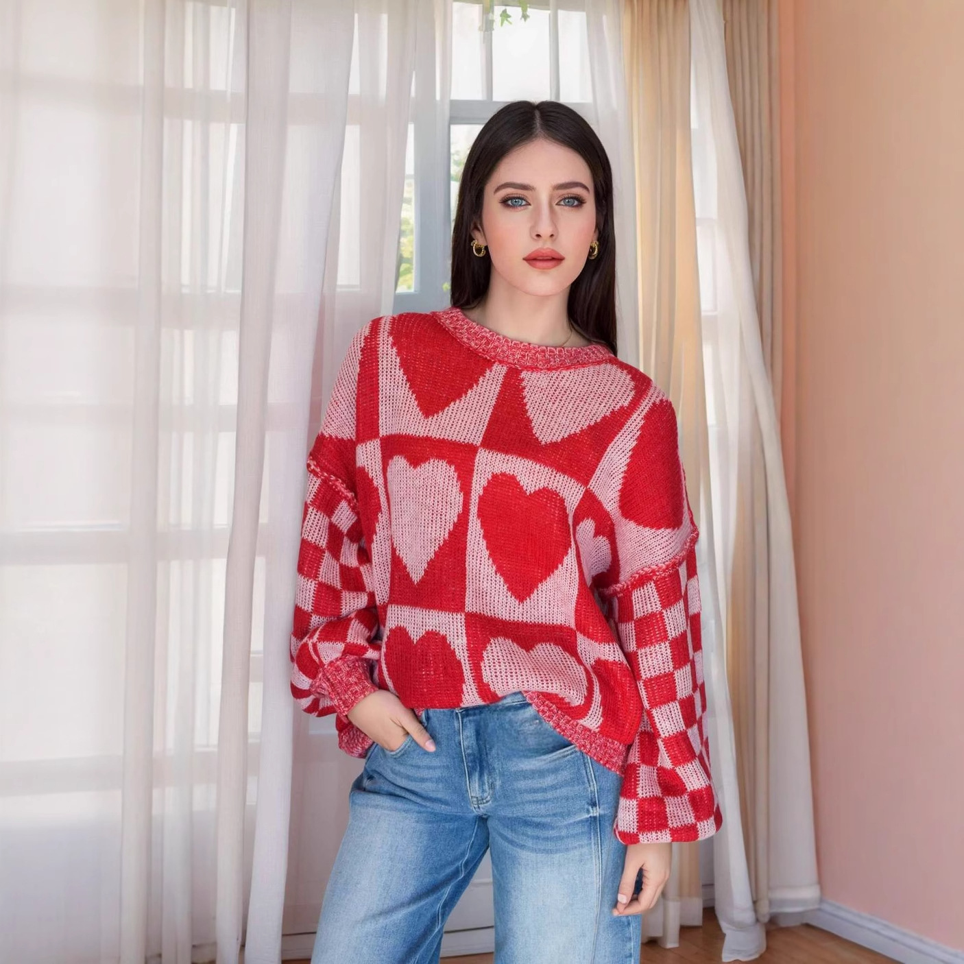 Loose Fit Heart Pattern Mid-Length Sweater Lazy Style Thick Round Neck Knit Top