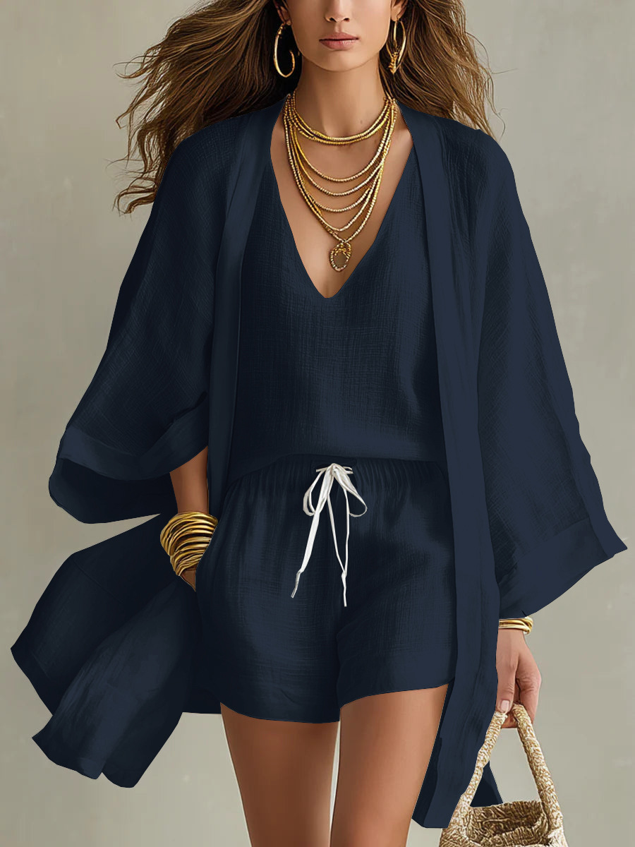 Women's 3-Piece Open-Front Cardigan, Sleeveless Tank & Shorts Set