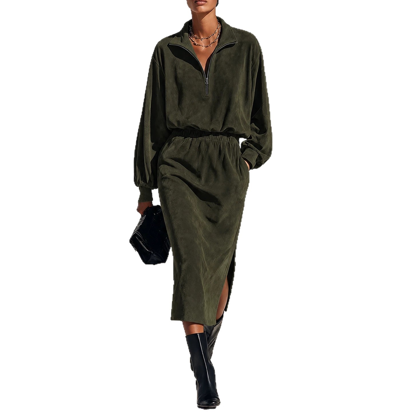 Women's Half-Zip Stand Collar Sweatshirt and Skirt Two-Piece Set