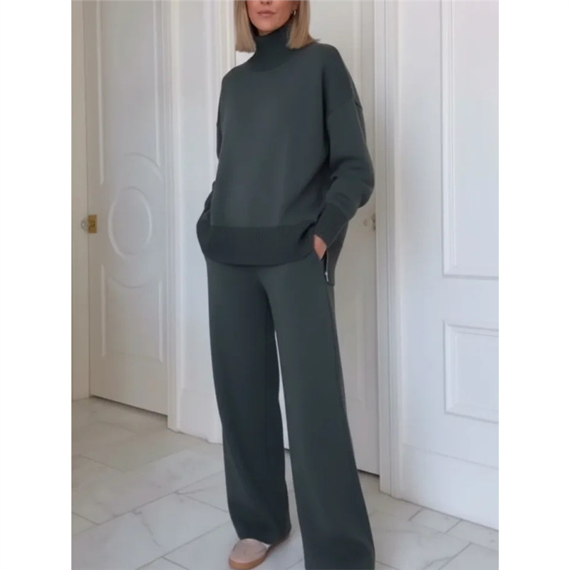 Women's Relaxed Solid Color Sweatshirt & Wide-Leg Pants Two-Piece Set