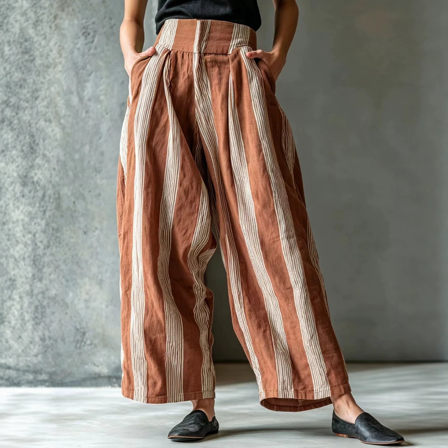 Women's Loose Striped Wide-Leg Pants Casual Vacation Linen-Blend High Waist
