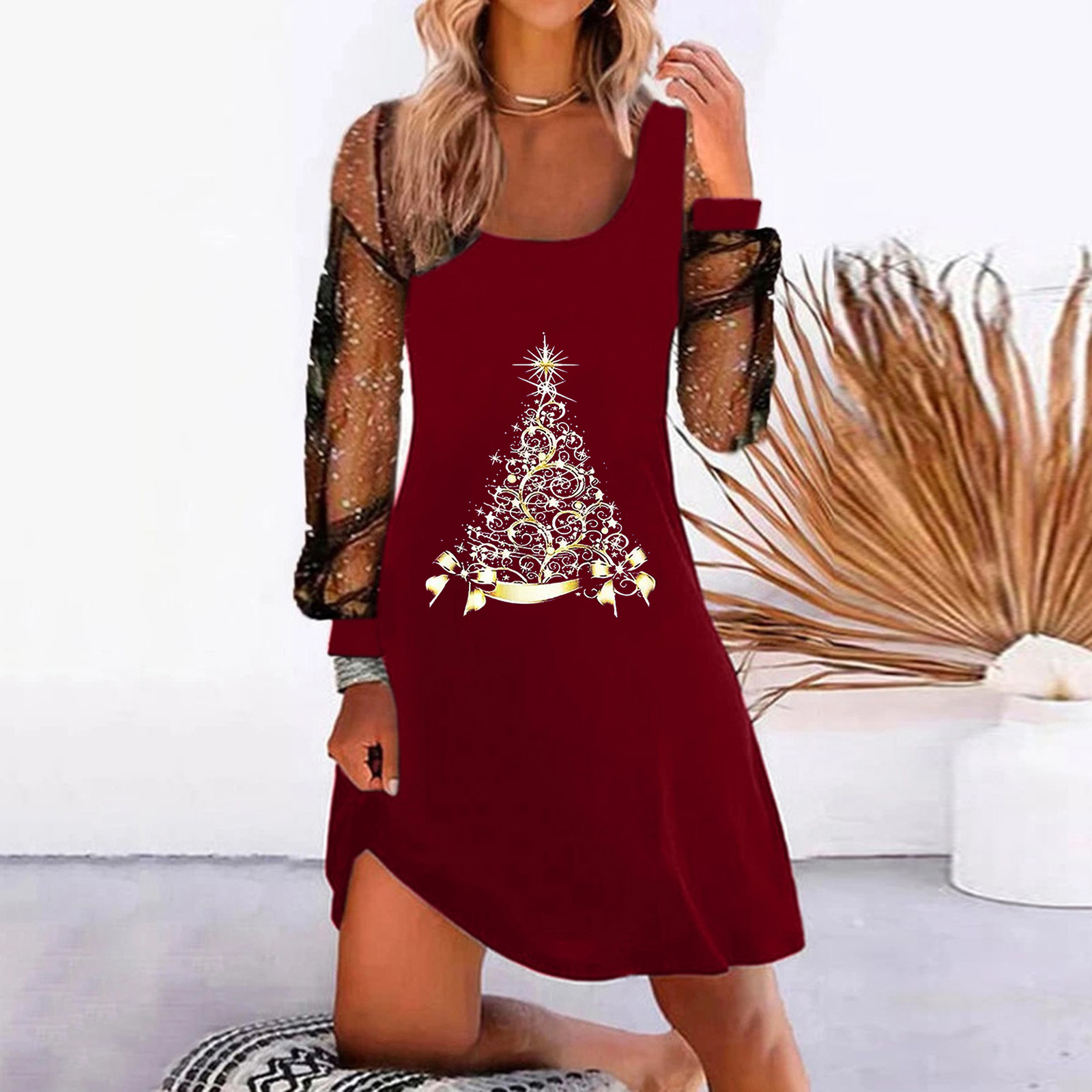 Christmas Tree Print Mesh Panel Dress Women's Long Sleeve A-Line Midi