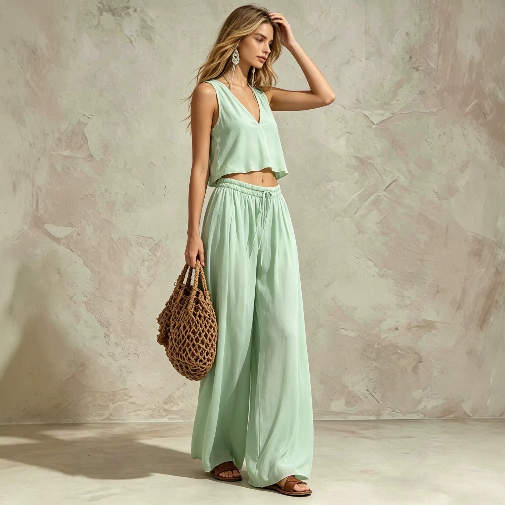 V-Neck Sleeveless Tank Top and Wide-Leg Pants Casual Set