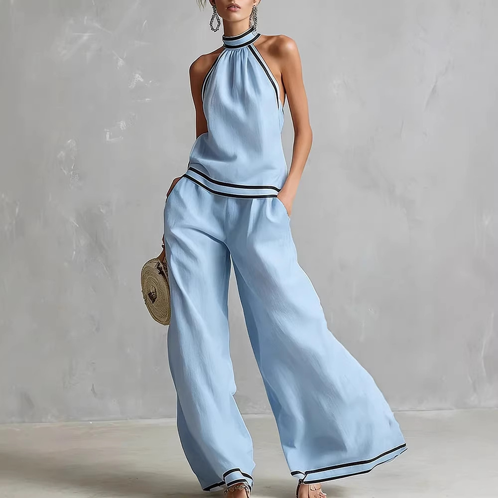 Striped Halter Sleeveless Wide-Leg Two-Piece Set