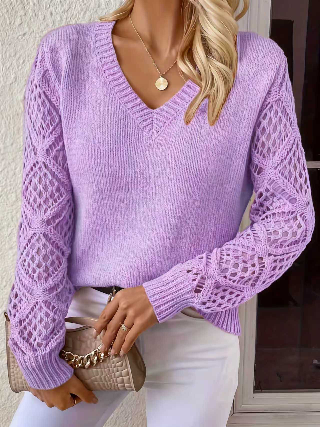 Women's Openwork Knit Sweater V-Neck Long Sleeve Pullover