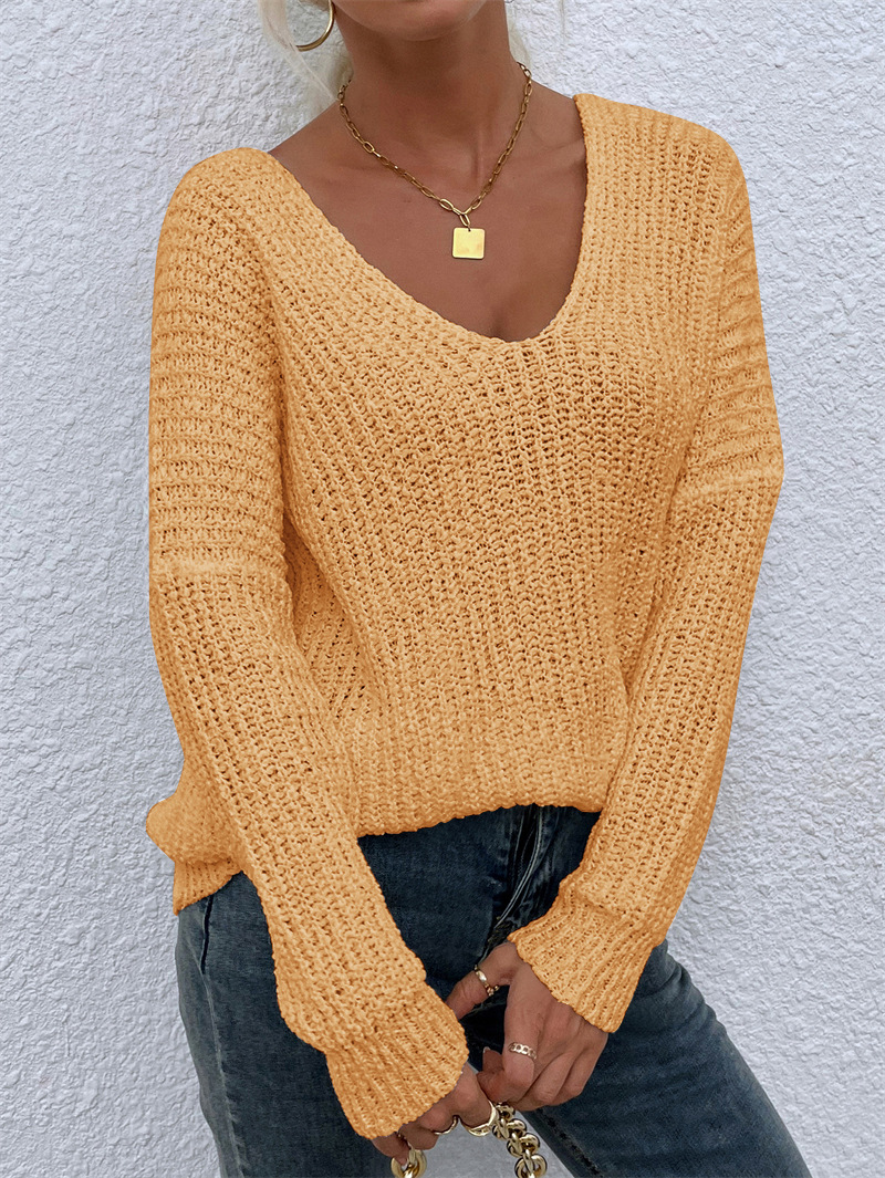 V-Neck Fuzzy Knit Pullover Sweater Solid Color
