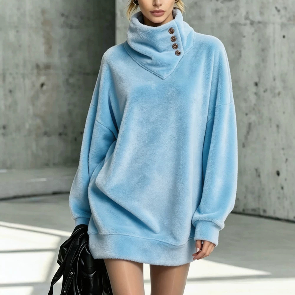 American Retro Button-Front Fleece Hoodie Women's Loose Mid-Length